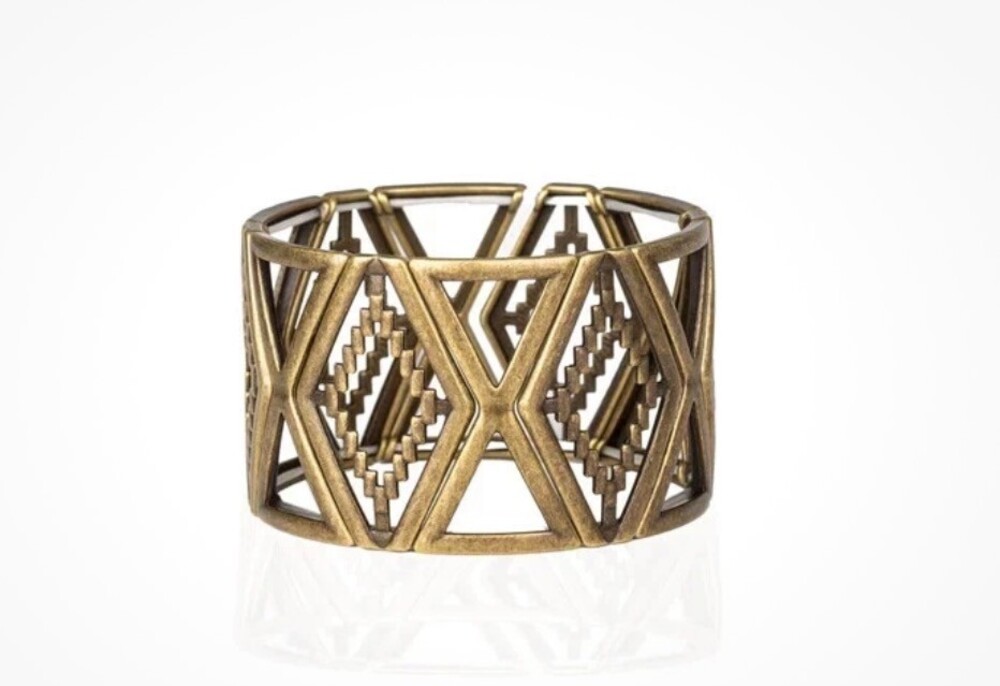 Brass Tone Openwork Geometric Wide Bracelet Chunky Antique Brass Finish